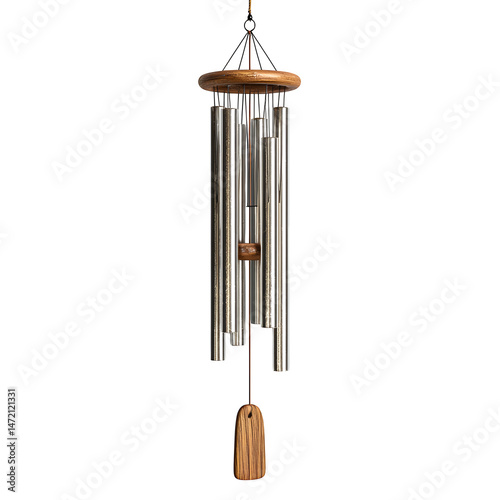 Elegant silver wind chimes with a wooden top and clapper hanging against a transparent  background a perfect addition to any garden or patio creating a soothing outdoor ambiance.