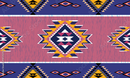 Bold tribal area rug with geometric diamond pattern in purple, gold, and pink, for boho, ethnic, or eclectic decor with vibrant southwest inspired charm.