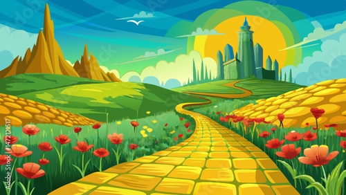 Yellow brick road leading through poppy field to green emerald city in the distance. Wizard of Oz concept. Very beautiful