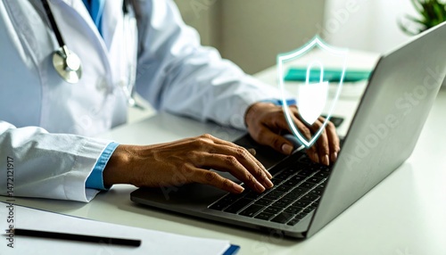 A doctor works on a laptop, symbolizing digital security and healthcare data protection at the workplace.