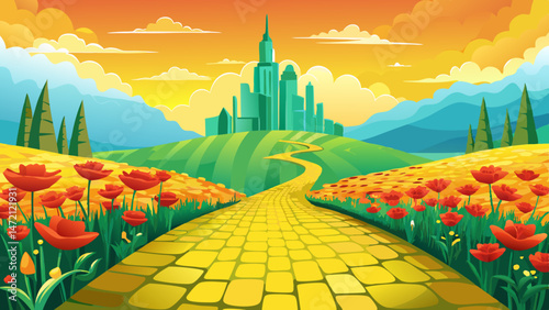 Yellow brick road leading through poppy field to green emerald city in the distance. Wizard of Oz concept. Very beautiful