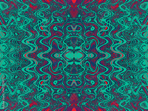 Ornamental geometric abstract seamless ornament with wavi organic lines in emerald tones. Psychedelic texture for interior decor, wallpaper, wall panel, textile, poster, home textile, fabric, covers