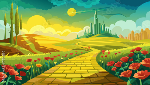 Yellow brick road leading through poppy field to green emerald city in the distance. Wizard of Oz concept. Very beautiful