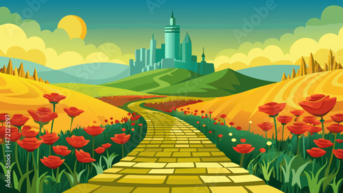 Yellow brick road leading through poppy field to green emerald city in the distance. Wizard of Oz concept. Very beautiful