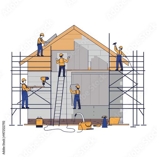 Construction Workers Building House Exterior with Scaffolding and Tools