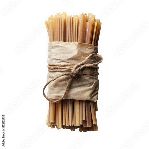 Bundle of Dry Spaghetti Pasta Tied with Twine and Brown Paper on White Background