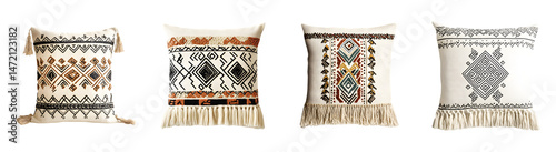 Set of Decorative throw pillow with tribal print isolated on transparent background, cutout, png 