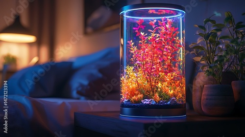 A rotating bioluminescent terrarium cylinder used as a natural nightlight, embedded in a bedroom corner, futuristic ambient ecology, 8K ultra-detailed