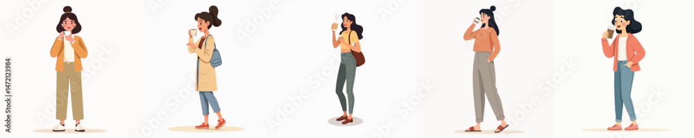 Modern Young Women Enjoying Coffee – Casual Lifestyle Illustrations Modern Young Women Enjoying Coffee – Casual Lifestyle Illustrations