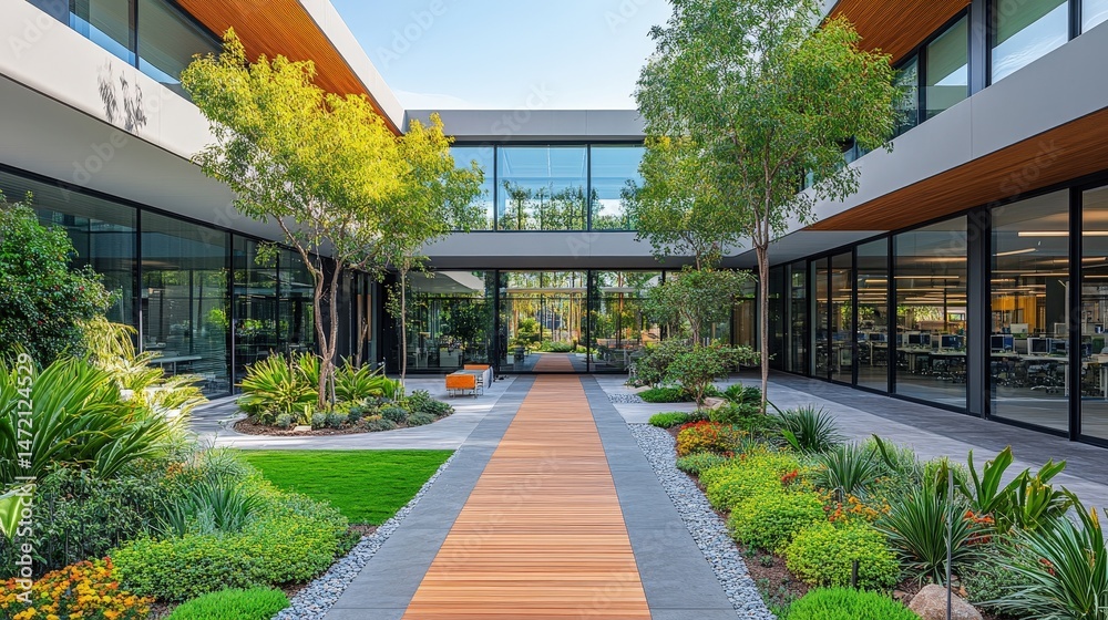Naklejka premium Modern office courtyard with landscaping and walkway.