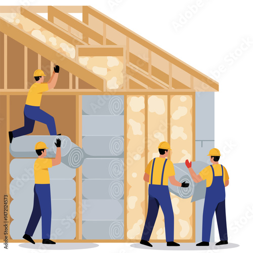 Workers Installing Insulation in House Construction for Energy Efficiency