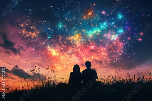Couple gazing at a vibrant, colorful, starry sky with wildflowers in foreground under a tranquil night.