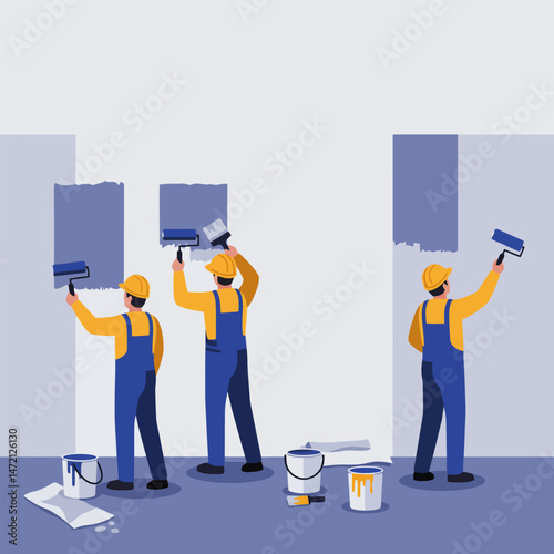 Painters Painting Wall Interior Using Roller and Brush Renovation Project