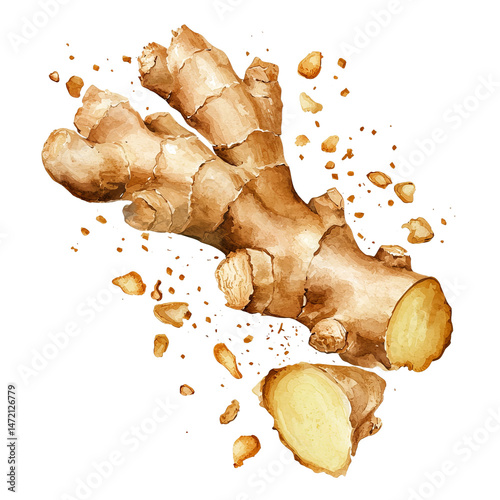 A fresh ginger root, artfully depicted in a watercolor style, with a portion sliced off