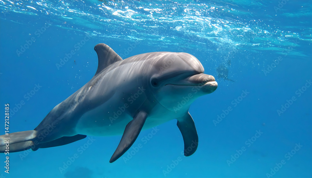 Fototapeta premium Dolphin swimming underwater in clear blue ocean water marine wildlife