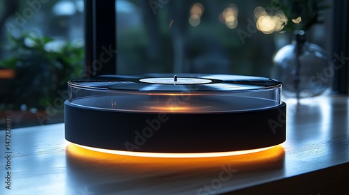 A levitating vinyl audio system with transparent discs floating above a light-reactive base, soundless interior feature, 8K ultra-detailed