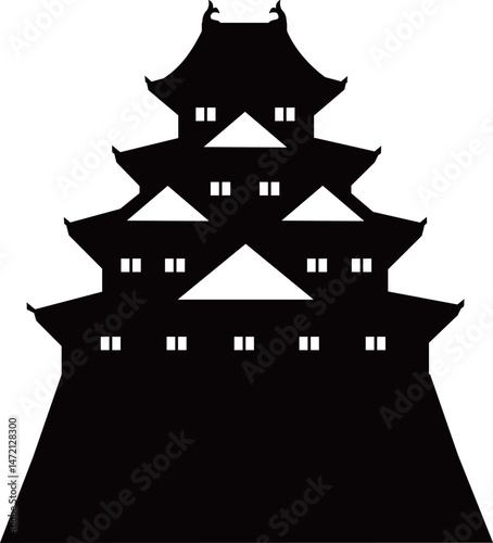 日本の城　四重四階の天守の白黒シルエットイラスト