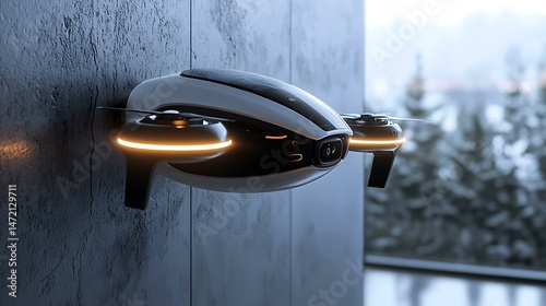 A home surveillance drone dock with sleek black-and-white design, glowing status rings, embedded into modern minimalist wall structure, 8K sharp render