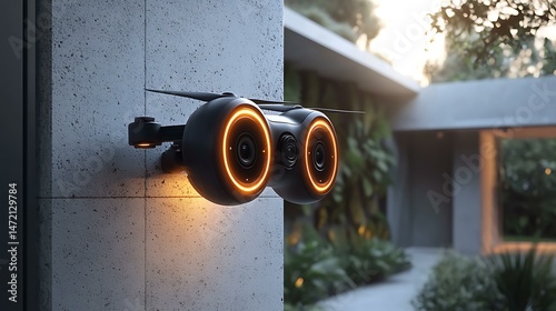 A home surveillance drone dock with sleek black-and-white design, glowing status rings, embedded into modern minimalist wall structure, 8K sharp render