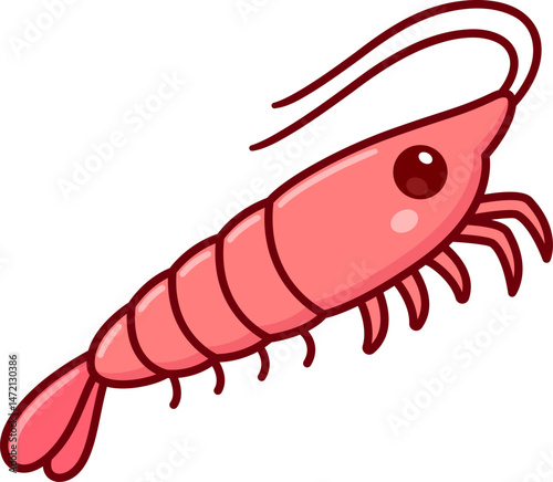 Cute cartoon shrimp drawing. Kawaii swimming shrimp vector clip art illustration.