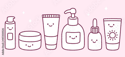 Cute cartoon skincare doodle set. Tubs and bottles with funny kawaii faces, asian beauty products drawing. Hand drawn vector illustration.