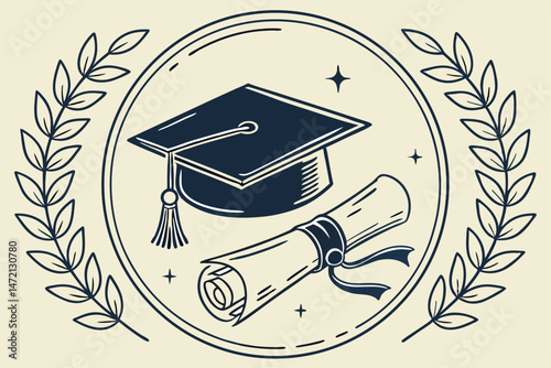 24 Graduation cap, diploma scroll, laurel wreath, academic achievement, vintage illustration style, muted colors, blue and gold accents, circular composition, symbolic education icons, hand-drawn deta