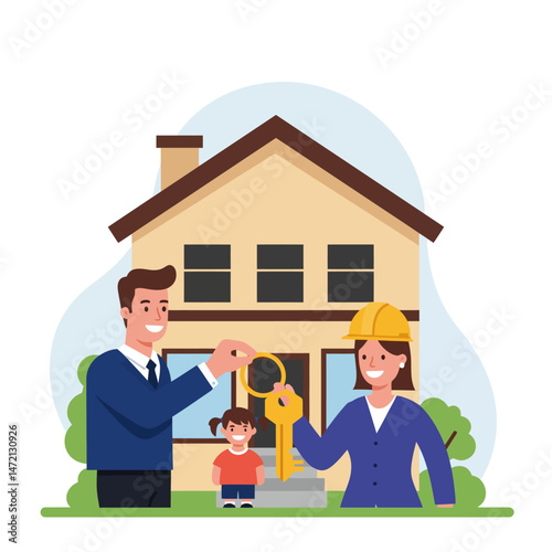 Family Receiving New House Key From Agent with Building Inspector