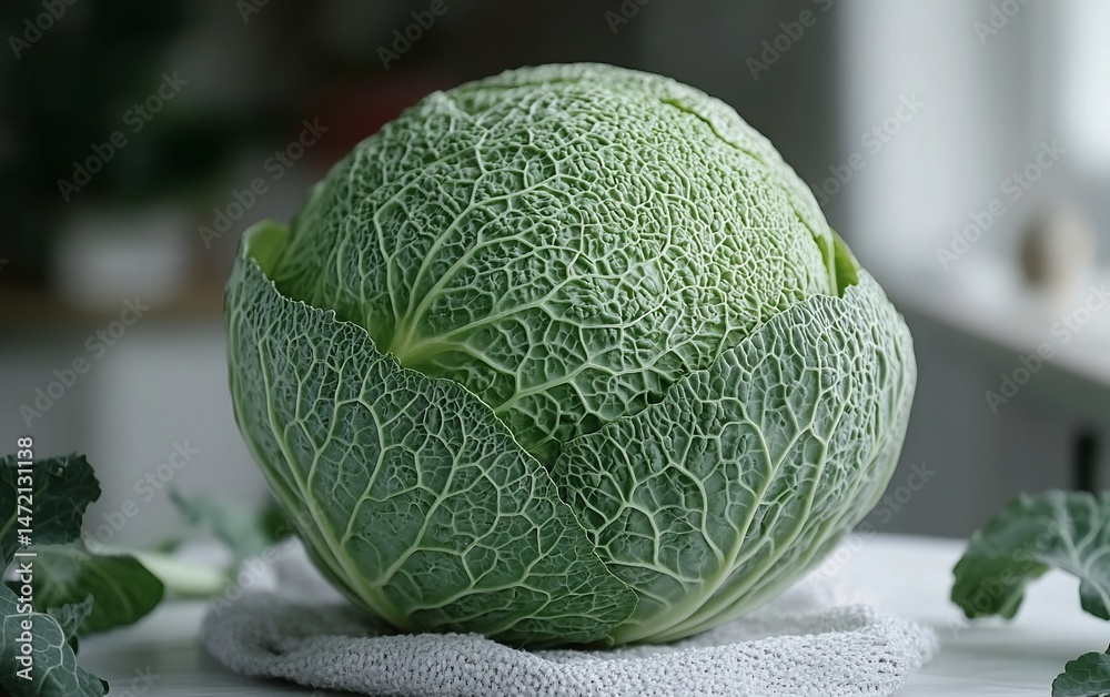 Fototapeta premium Close-up of a fresh green savoy cabbage on a light surface.