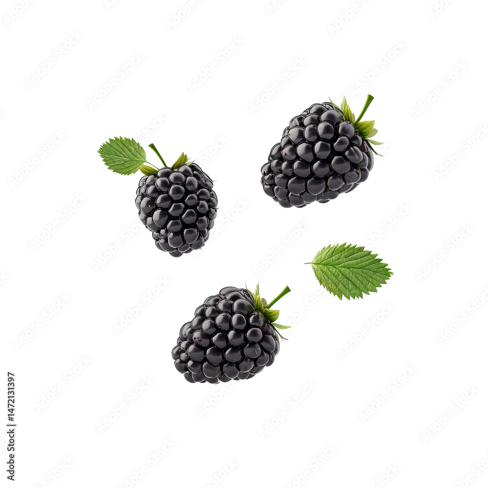 Juicy blackberries with green leaves floating around Juicy blackberries with green leaves floating around
