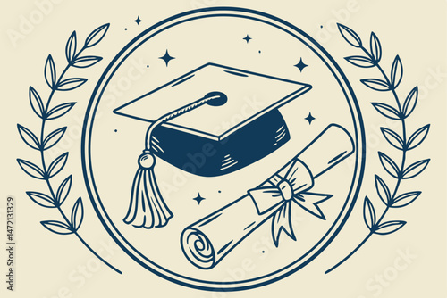 24 Graduation cap, diploma scroll, laurel wreath, academic achievement, vintage illustration style, muted colors, blue and gold accents, circular composition, symbolic education icons, hand-drawn deta