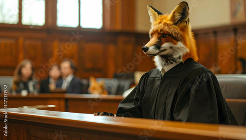 Fox dressed as a judge presiding in courtroom scene concept