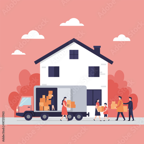 Family Moving Boxes From Moving Truck to New House Illustration