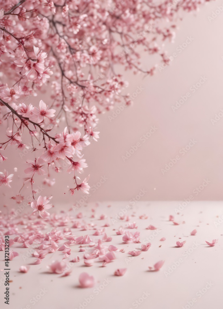 Fototapeta premium Delicate pink sakura petals drift on a soft pastel backdrop , subtle, cherry
