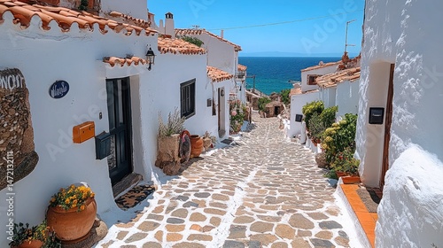 Charming cobblestone street leads to the sea in Molyvos, Lesvos, Greece. Ideal for travel blogs, showcasing architecture, or promoting Greek culture.