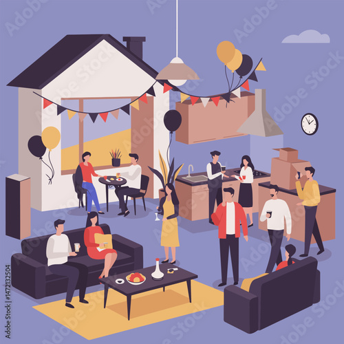 People Enjoying Housewarming Party with Balloons and Moving Boxes Indoors