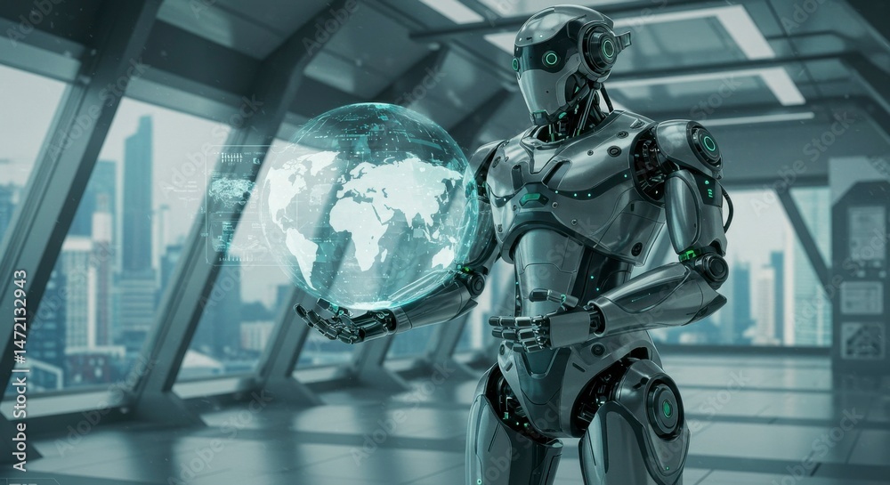 Naklejka premium Futuristic robot holding a holographic globe in a modern cityscape