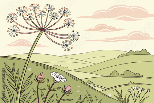 25 Idyllic countryside meadow, giant Queen Anne's lace flower, pink umbel, rolling green hills, wildflowers, soft pastel colors, misty horizon, dreamy atmosphere, detailed botanical illustration, chil