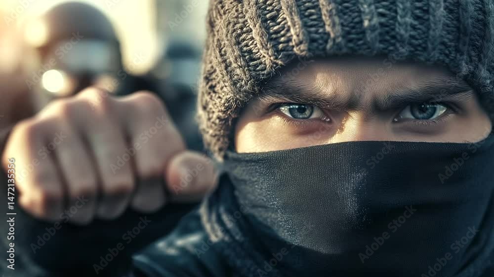 A close-up of a protester’s face, covered with a scarf, staring directly at riot police, while their fist clenches in defiance against an oppressive force. A close-up of a protester’s face, covered with a scarf, staring directly at riot police, while their fist clenches in defiance against an oppressive force.