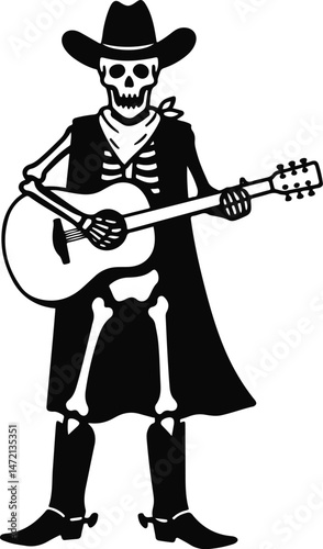 Skeleton Cowboy Playing Guitar Western Ghost Musician Vector Art