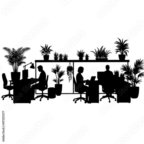 Biophilic Office Workspace Plants People Silhouette Vector
