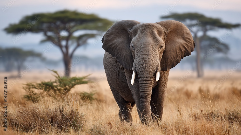 Fototapeta premium Majestic elephant portrait, amidst tall grass and sparse trees on the African plains