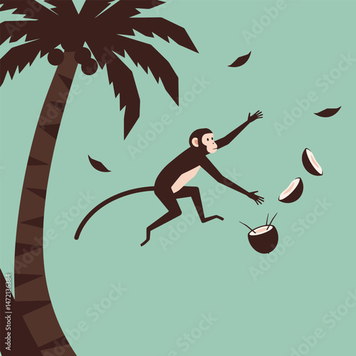 Monkey Jumping for Falling Coconuts Near Palm Tree Illustration