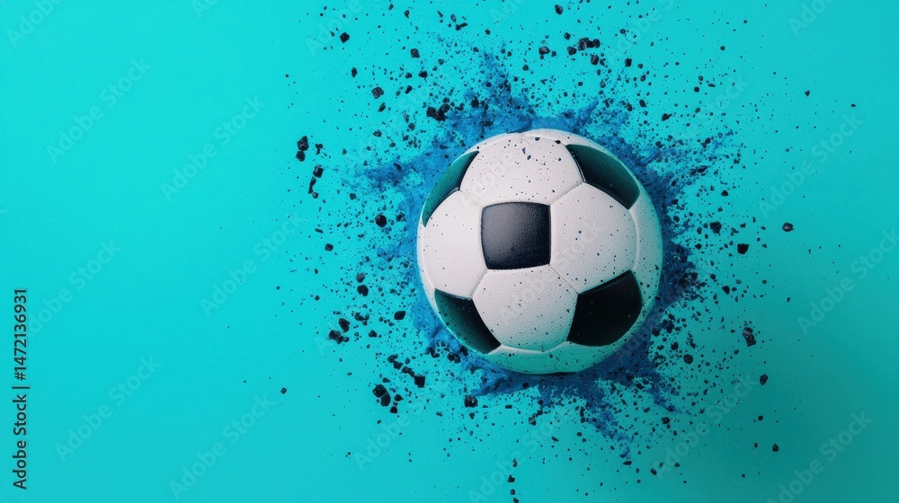 Fototapeta premium Dynamic Soccer Ball on Vibrant Turquoise Background with Color Splash Effect