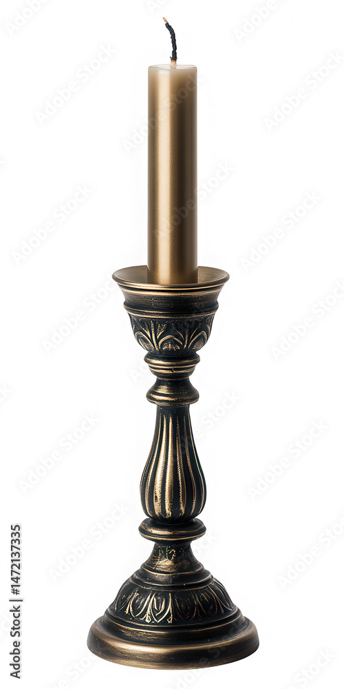 Elegant bronze candlestick with a lit candle isolated on transparent background for easy integration into designs