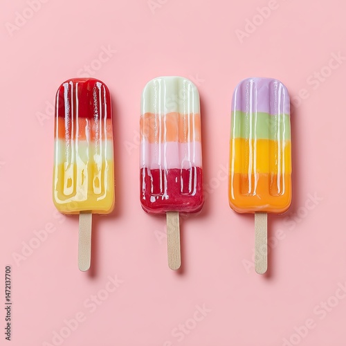 Colorful layered popsicles in red yellow white and purple tones on pastel pink background in summer style