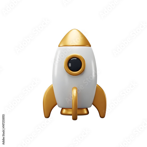 White and Gold Rocket on Dark Background. 3D Rendering of a Sleek White and Gold Spaceship