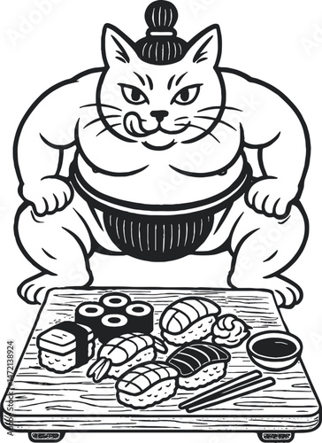 cat sumo wrestler stands in fighting stance in front of sushi set hand drawing vector style engraving