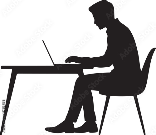 Person Working on Laptop Silhouette Vector Illustration of Office Work, Remote Job, and Technology Concept