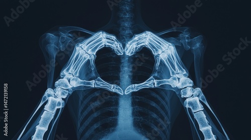 X-ray image of human hands forming a heart shape, showcasing skeletal structure with dark background