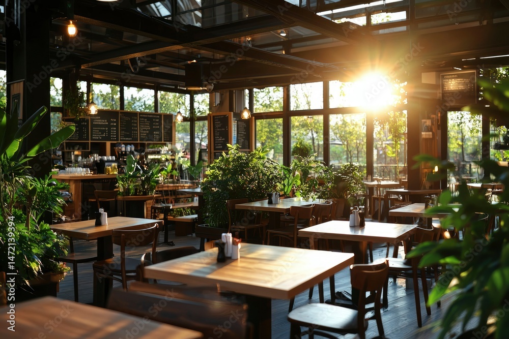 Fototapeta premium Sunny cafe interior with plants